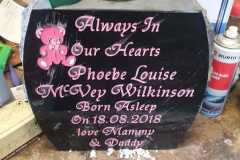 Phoebe Louise McVey Wilkinson memorial plaque with pink floral engraving — Always In Our Hearts, Forever Young